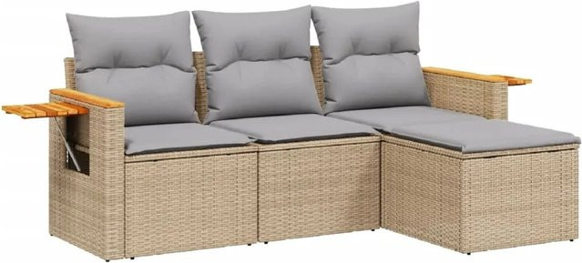 vidaXL 4-tlg Garten-Sofagarnitur Modell 73 aus Poly Rattan und Akazienholz in Beige mit Kissen - Bild 1