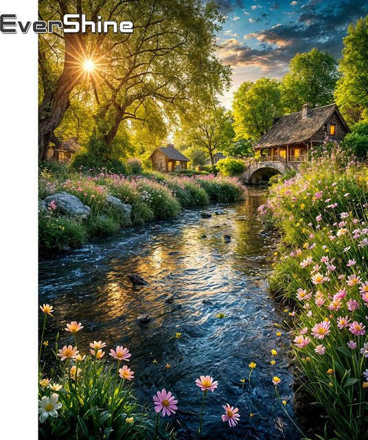 EverShine 5D-Diamant-Stickerei Landschaftsmotiv mit Garten und Baum, mehrfarbiges Mosaik-Bild zur Hausdekoration, B/H: 30 x 30 cm - Bild 1