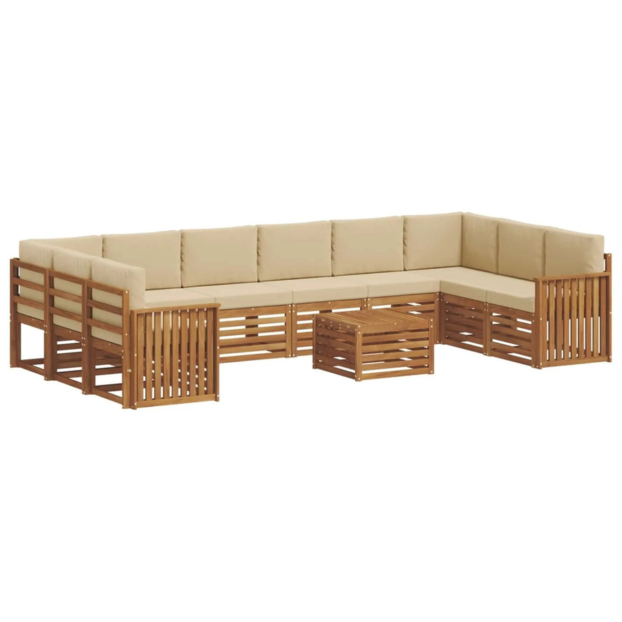 vidaXL Sofagarnitur aus Massivholz Akazie in Natur und Beige, 11-teiliges L-Shape Set mit wetterfesten Polstern und Latten-Design - Bild 2