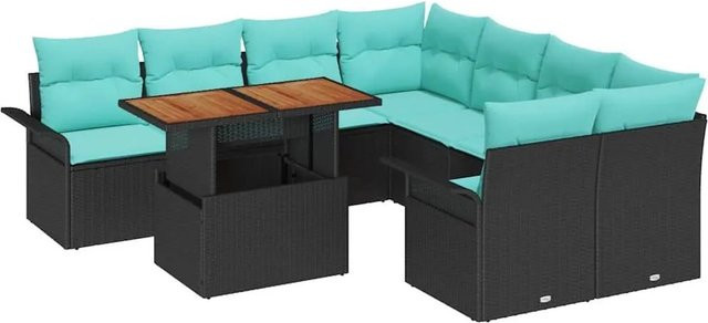 vidaXL Garten-Sofa-Set in U-Form mit 9 Teilen, Schwarz und Türkis, aus Poly-Rattan mit integriertem Kissen-Speicher und Polsterkissen für Garten, Terrasse oder Balkon - Bild 1