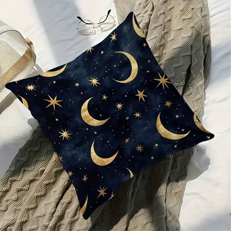 VIKAMA Dekokissen mit goldenem Halbmond- und Stern-Design in Blau und Gold, quadratisch, 45 x 45 cm - Bild 6