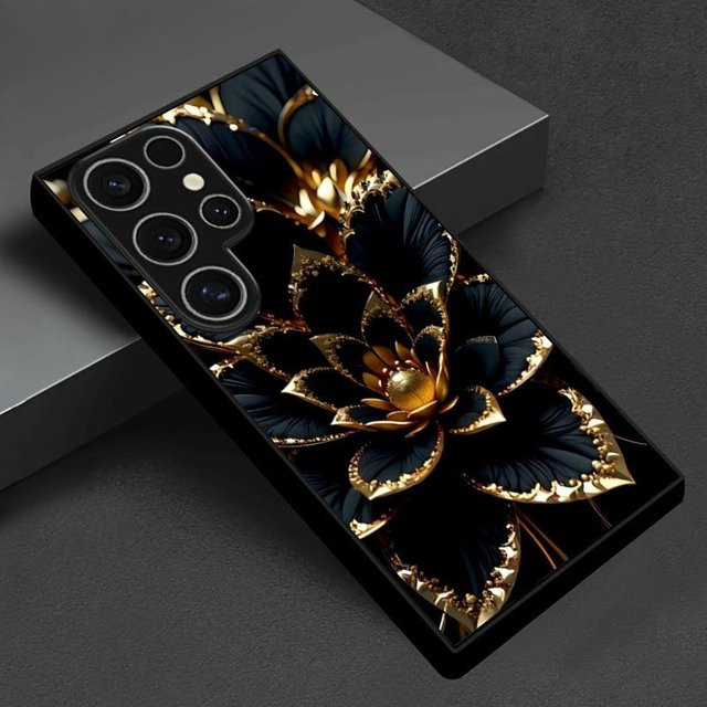 Schwarze Handyhülle mit goldenem Lotusblüten-Design aus gehärtetem Glas für Samsung Galaxy S26 S25 S24 S23 S22 S21 S20 FE Ultra Plus sturzsicher - Bild 1
