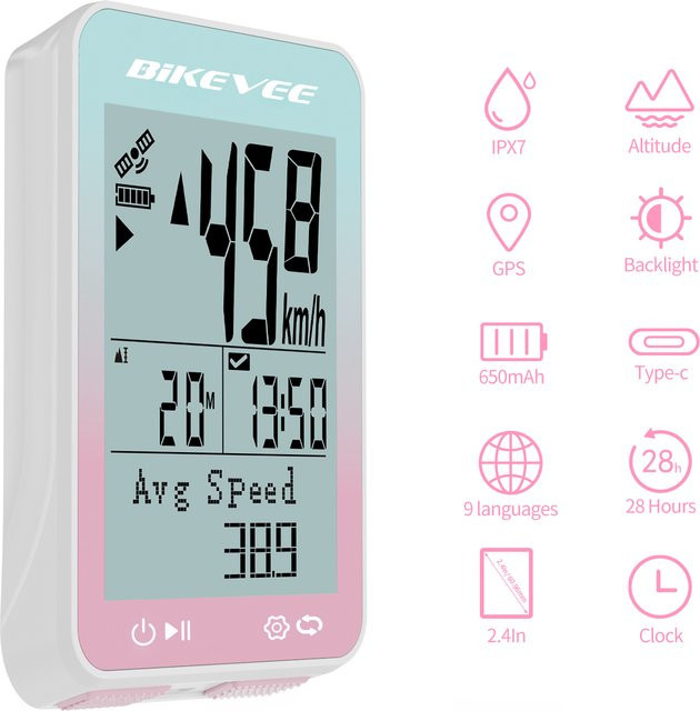 Bikevee GPS Fahrrad Tacho mit Bluetooth, kabelloser Radcomputer in Weiß, multifunktional und wasserdicht mit Kilometerzähler, Stoppuhr und Tracker - Bild 1