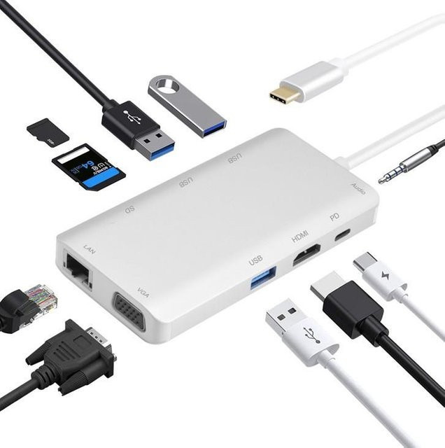 Helos Premium Dockingstation USB-C 3.1 mit HDMI, VGA, GigE und 3,5 mm Klinke in Silber oder Weiß - Bild 1