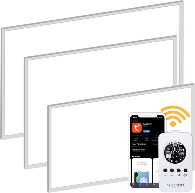 Heidenfeld Infrarotheizung HF-HP110 in Weiß mit Alu-Rahmen, 1000 Watt, für Wand- oder Deckenmontage mit App-Steuerung, Fernbedienung und Thermostat - Bild 1