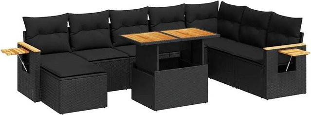 vidaXL 9-tlg. Garten-Sofagarnitur in L-Form aus schwarzem Poly-Rattan mit Kissen und Akazienholz - Bild 1