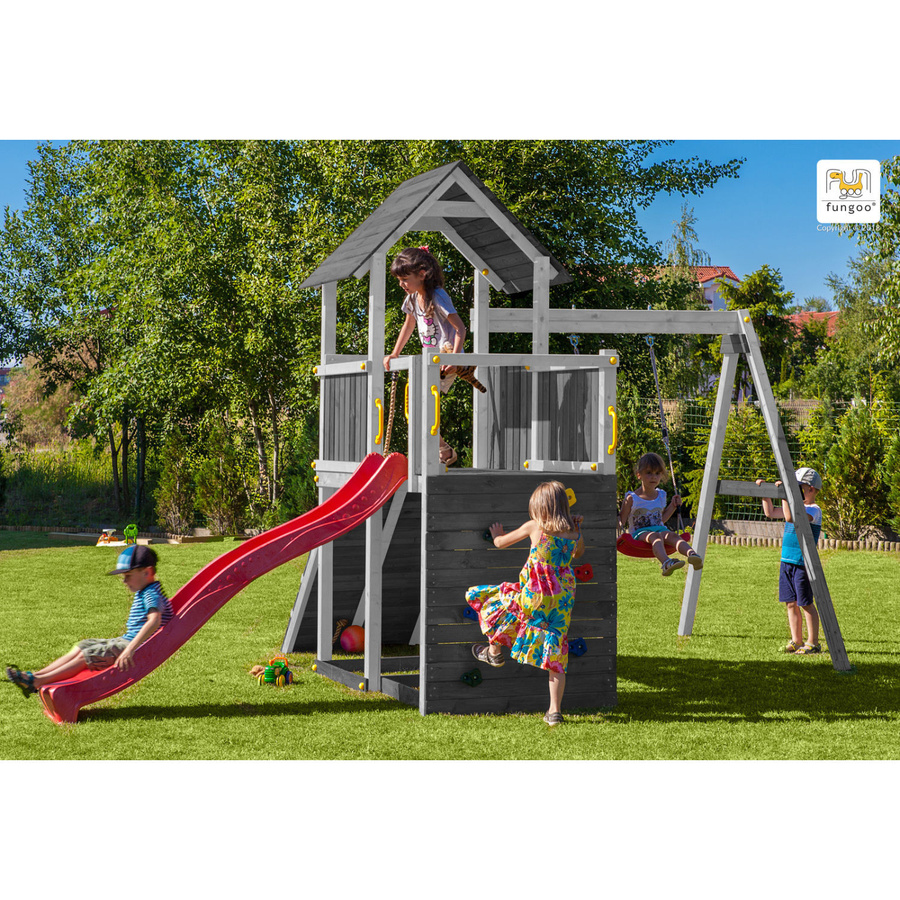 Fungoo Spielturm Carol 3 Klettergerüst in Grau/Weiß mit Rutsche, Schaukel, Kletterwand, Rampe und Holzdach - Bild 2