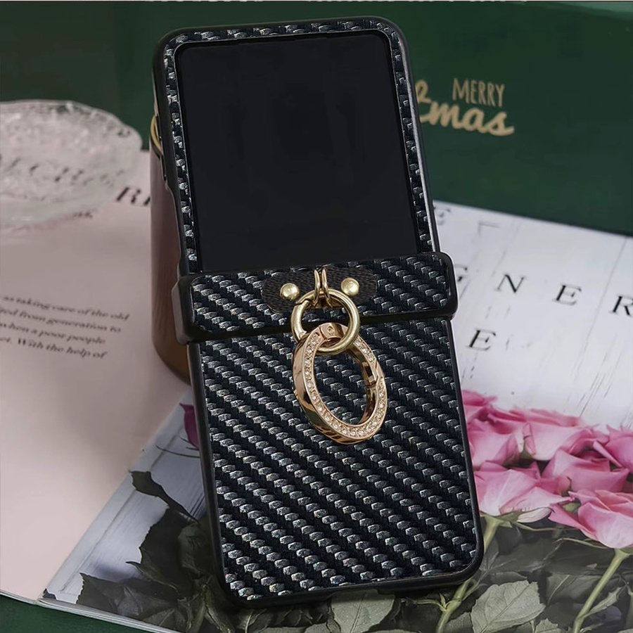 Motorola Moto Razr 50 60 70 U Handyhülle aus Carbon-Faser-Leder mit Diamant-beschichteter Ringschnalle in Schwarz - Bild 2