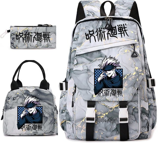 Bandai Jujutsu Kaisen Anime Schultaschen-Set aus 3 Teilen mit Rucksack, Brotdose und Federmäppchen in Grau - Bild 1