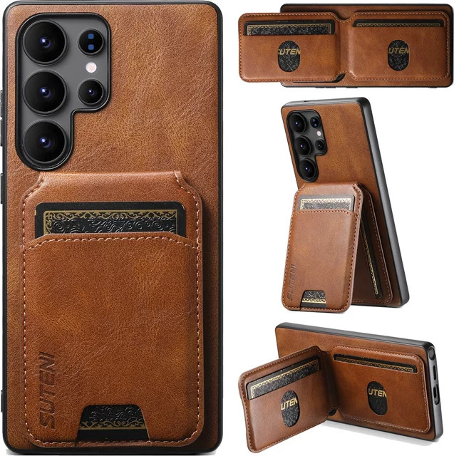 Luxuriöse Kunstleder-Handyhülle mit Ölwachs-Glattoberfläche, Kartenhalter und Ständer für Samsung Galaxy S26 Ultra S25 Plus S24 S23 S22 in Braun - Bild 1
