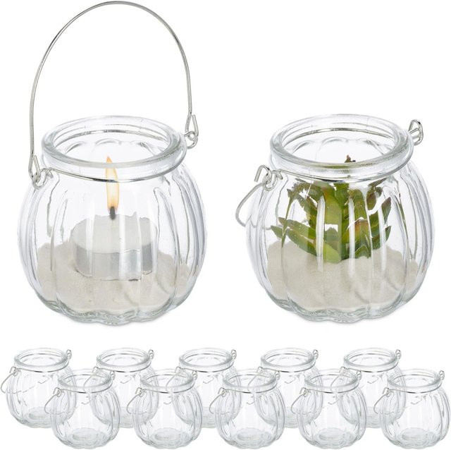 Relaxdays Windlicht 12er Set aus Glas und Eisen in Silber Transparent für Teelichter, Höhe: 13,5 cm, Durchmesser: 8 cm - Bild 1