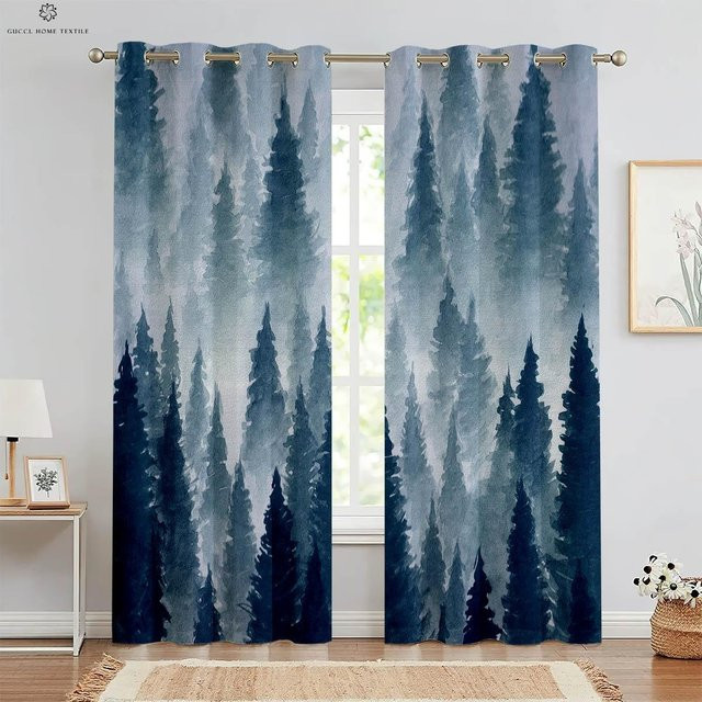 Yiran Furniture 2er-Set Vorhänge mit Herbstwald-Motiv in Grün, semi-transparent, B: 50 cm, H: 130 cm - Bild 1