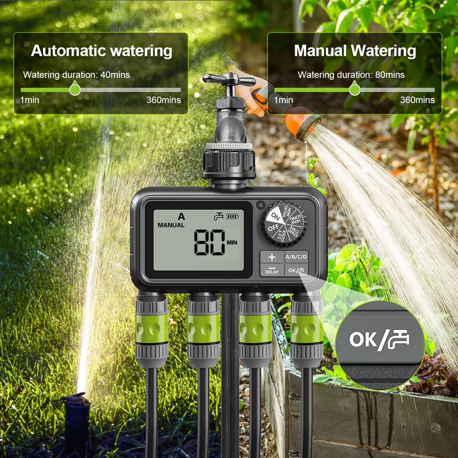 Eshico Digitaler Bewässerungstimer HCT-M09 in Schwarz mit 4-Zonen-Ausgang, IPX5 Wasserdichtigkeit und Regenverzögerung für die automatische Großflächenbewässerung - Bild 2