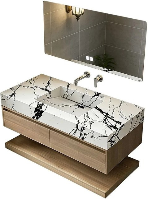 360Home Badmöbel Set mit Sinterstein Waschbecken in Weiß, inklusive Spiegelschrank mit LED-Beleuchtung und Anti-Fog-Funktion sowie Unterschrank und Seitenschrank, B/T/H: 120 x 55 x 150 cm - Bild 1