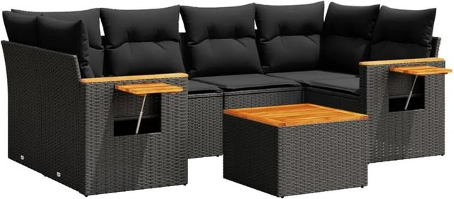 vidaXL 7-tlg Garten-Sofagarnitur mit Kissen aus Poly Rattan und Akazienholz in Schwarz - Bild 1