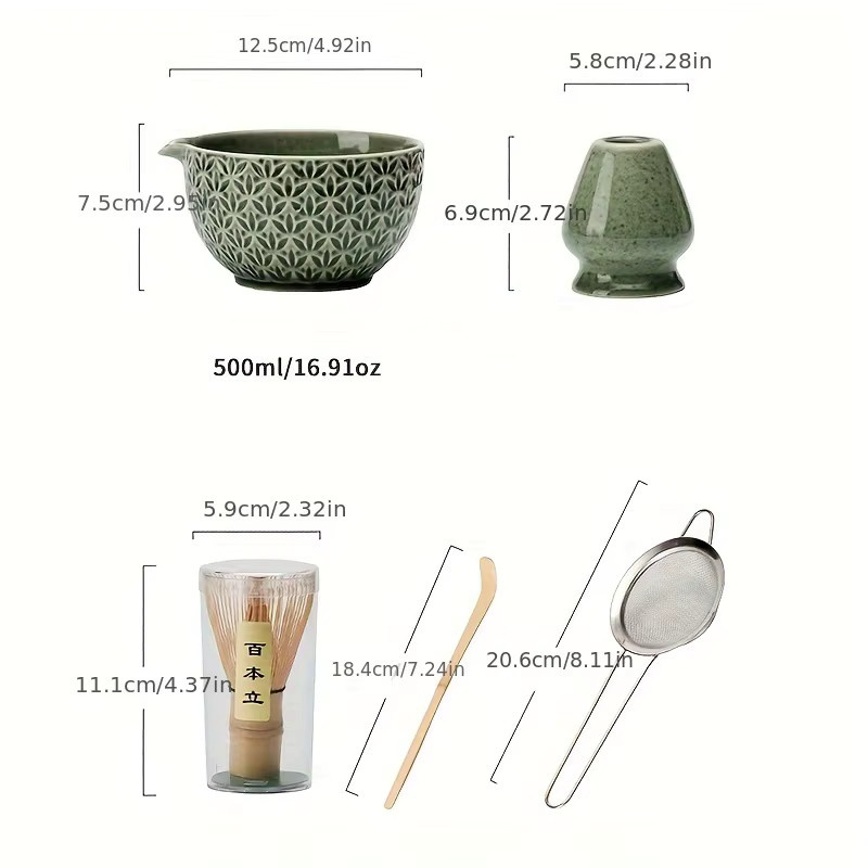 WENZHE Japanisches Matcha-Set mit grünem geometrischem Muster, Bambusrührer und Tee-Zubehör für die traditionelle Teezeremonie - Bild 5