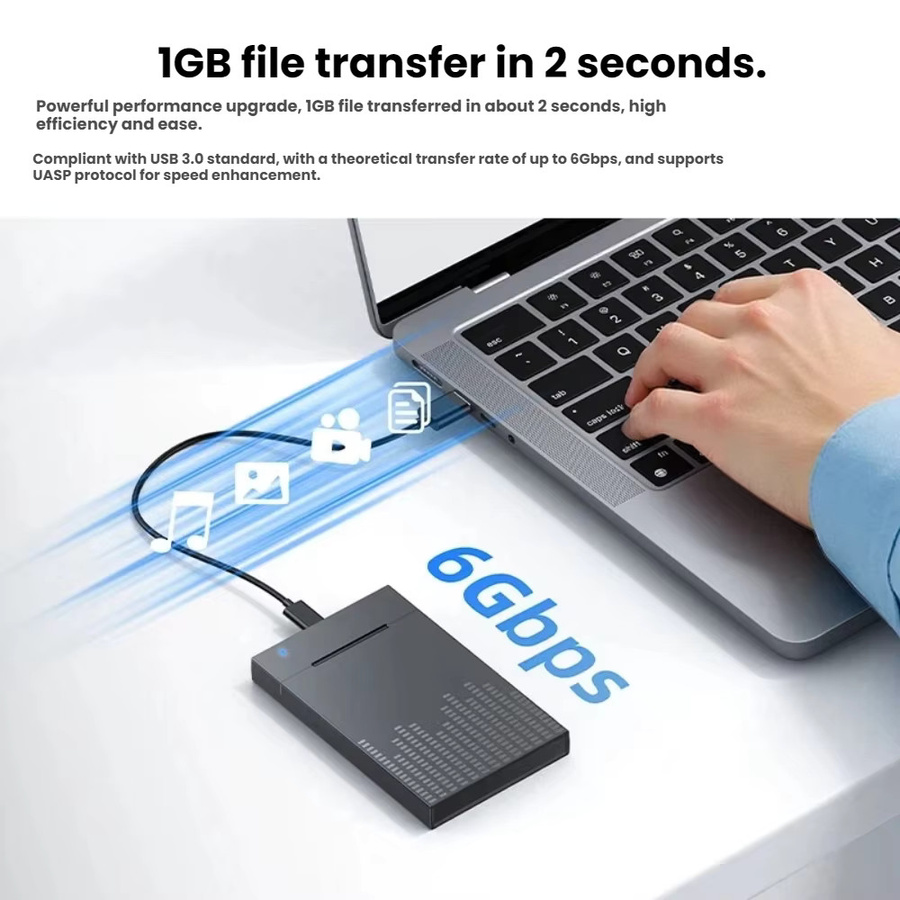 TISHRIC Externes Festplattengehäuse für 2,5 Zoll SATA SSD und HDD, USB-C zu USB 3.0, Schwarz - Bild 2