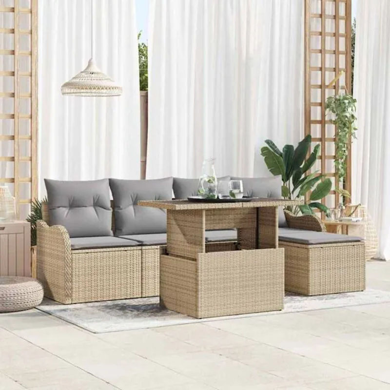 vidaXL Garten-Sofa-Set aus Poly-Rattan mit Kissen und integriertem Stauraum in Beige, 6-teilig - Bild 1