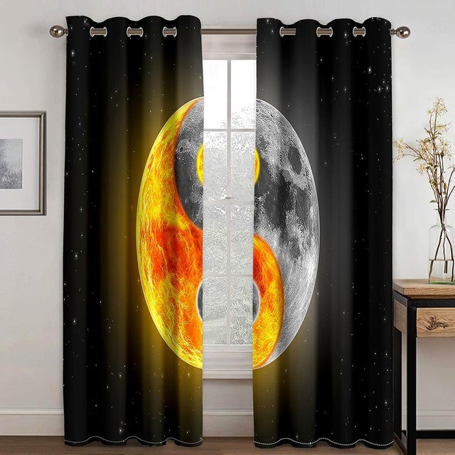 Chinesische Tai Chi Bagua Vorhänge mit Schwarz-Weiß Muster, 2er Set aus Polyester, B/H: 50 x 130 cm - Bild 1