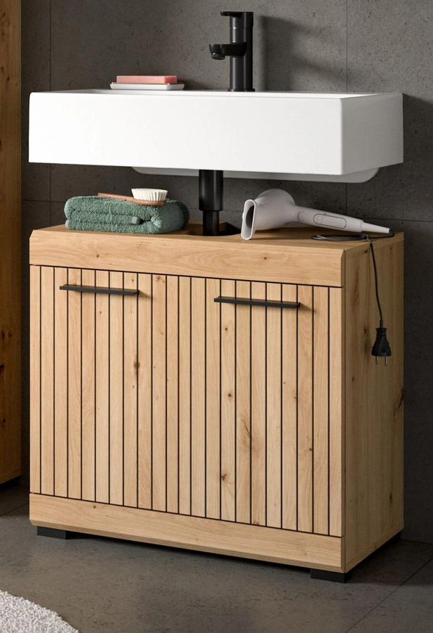 Waschbeckenunterschrank Shawn in Eiche, Farbe Braun, B/T/H: 60 x 34 x 56 cm - Bild 1