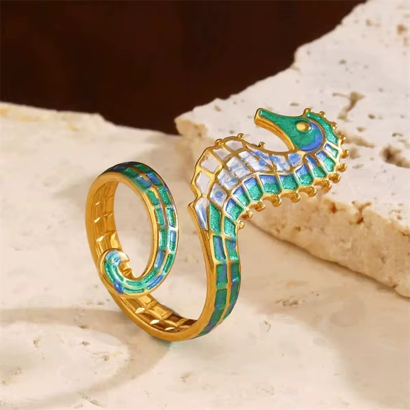 EILIECK Ring Edelstahl, Emaille Seepferdchen, Gold, Damen - Bild 5