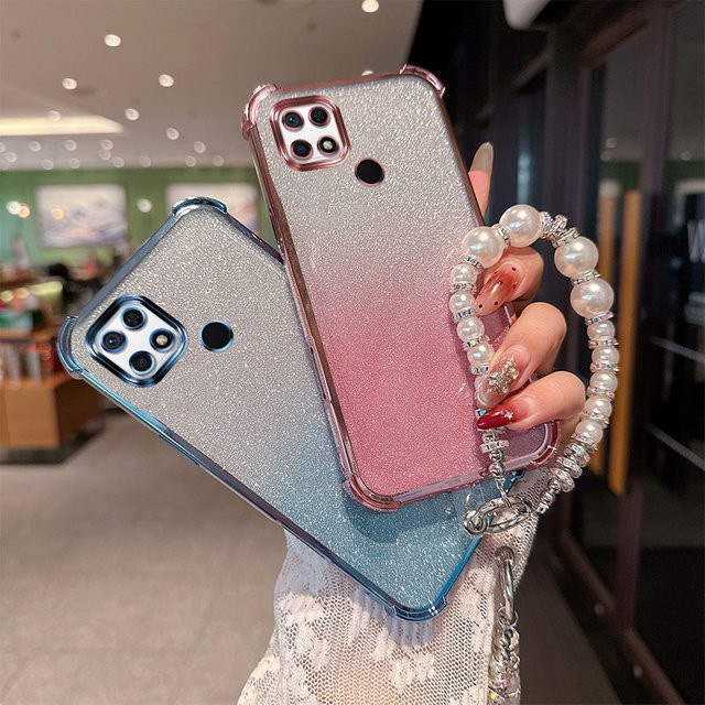 Stoßfeste TPU-Handyhülle mit Gradient Glitter Effekt und luxuriösem Perlenketten-Handgelenksband für Xiaomi Redmi 10C 10 Power und Poco C40 in Pink - Bild 1