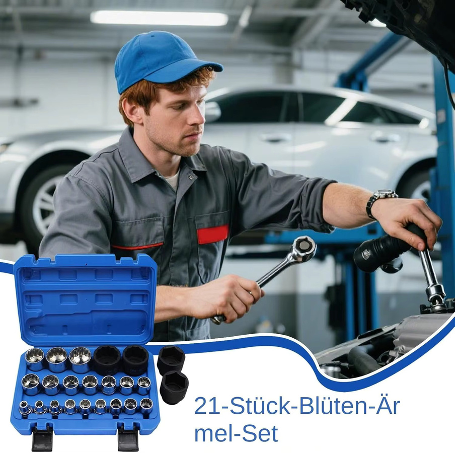21-teiliger Steckschlüsselsatz 8-36mm mit Aufbewahrungsbox in Blau, 1/2 Zoll Steckschlüssel-Set mit Sechskant- und Splined-Bits für Reparaturarbeiten - Bild 2