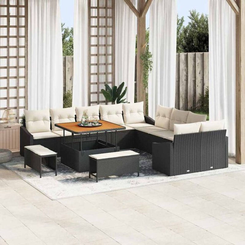 Vidaxl Polyrattan Garten-Sofa-Set 13-teilig mit Fußhocker in Schwarz und Creme, modernes Loungemöbel-Set aus Polyrattan und Stahl, B/T/H: 100 x 100 x 71 cm - Bild 1