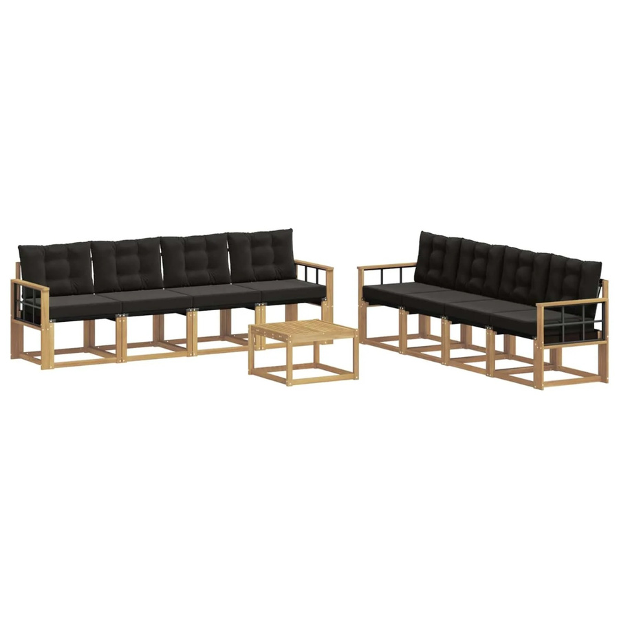 vidaXL Outdoor-Sofagarnitur 9-tlg. in L-Form mit Kissen und Couchtisch, Akazienholz und Textilene, Weiß und Schwarz - Bild 2