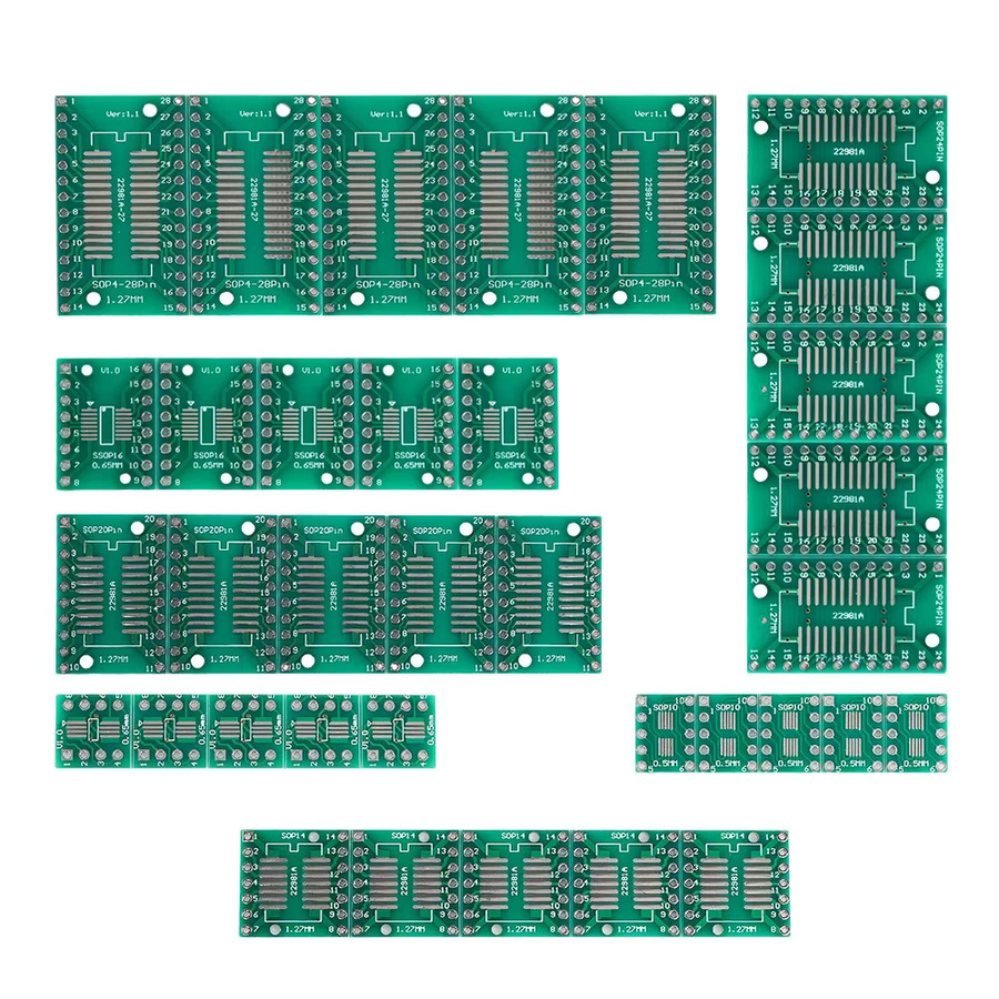 35er Set PCB SMD zu DIP Adapter Konverter Protoboard in Grün für SOP8 MSOP10 SOP14 SOP16 SOP20 SOP24 und SOP28 - Bild 2