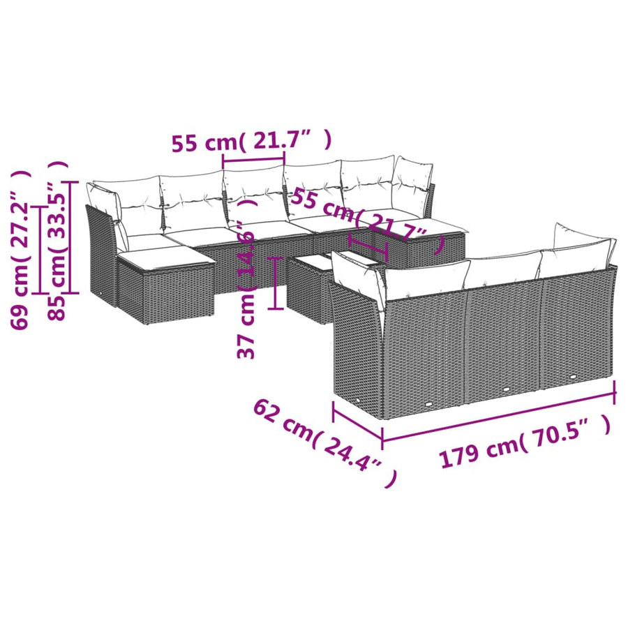 vidaXL 11-tlg. Garten-Sofagarnitur in U-Form aus braunem Polyrattan mit Kissen und Metallgestell - Bild 3