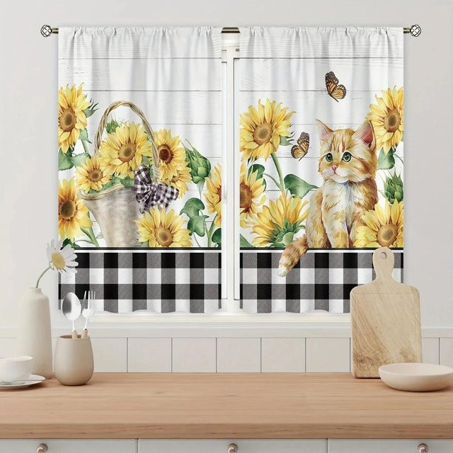 2er-Set Moderne Kurzvorhänge mit Sonnenblumen- und Karomuster, halbtransparent, B: 60 cm, H: 100 cm - Bild 1