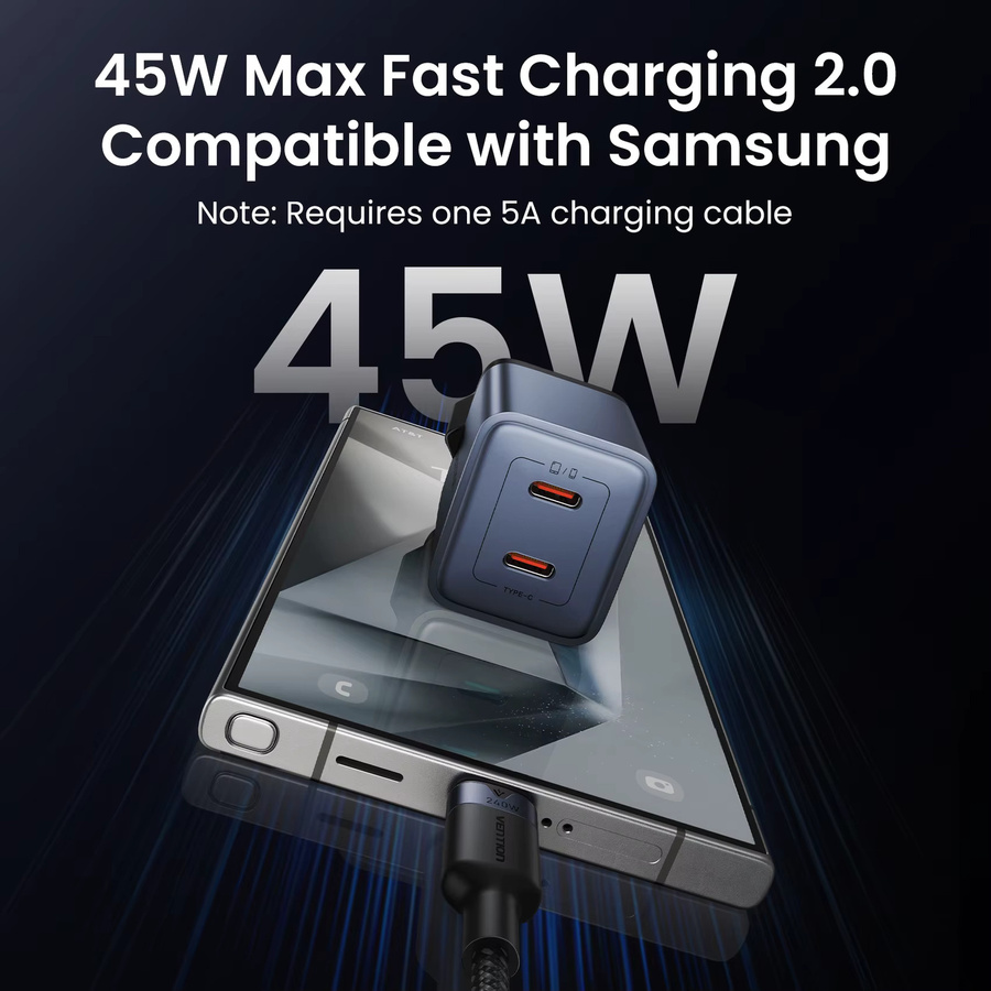 Vention 45W GaN USB-C-Ladegerät für schnelles Aufladen von iPhone, Samsung und Xiaomi - Bild 2