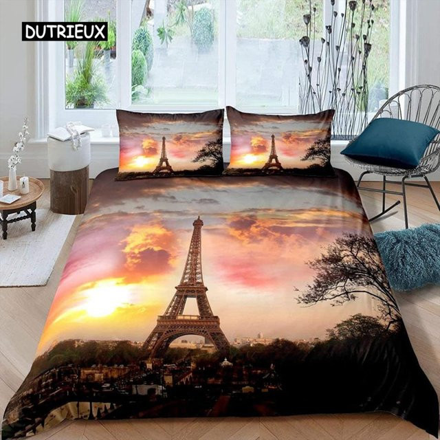 Binchi Outdoor Product Paris-Bettwäsche-Set im Vintage-Stil mit Eiffelturm und rotem Regenschirm, Mikrofaser, Mehrfarbig, B/H: 140 x 200 cm - Bild 1
