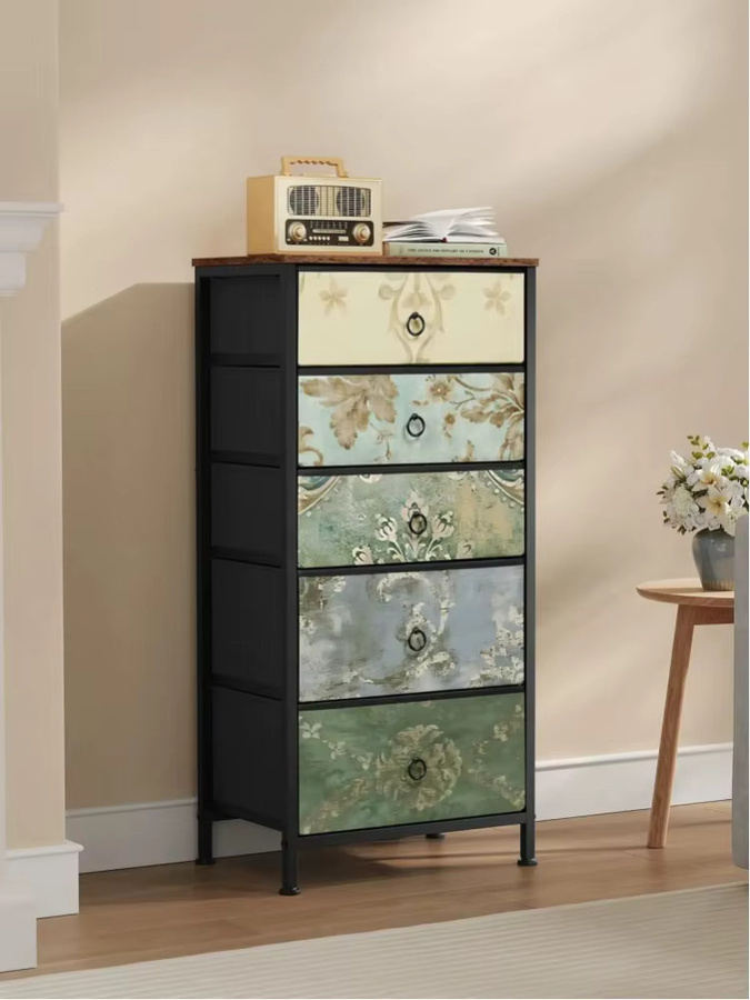 WOLTU Stoffkommode mit 5 Schubladen im Vintage-Design, Multicolour, floraler Aufbewahrungsorganisator für Flur und Küche - Bild 6