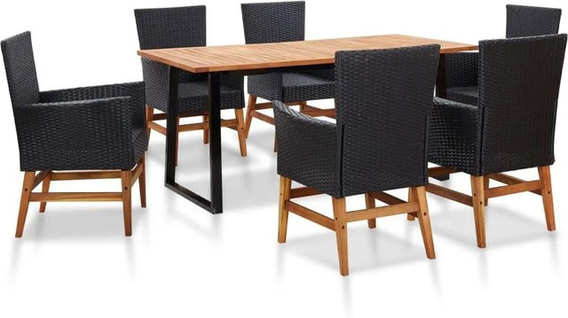 vidaXL 7-teilige Garten-Essgruppe aus Poly Rattan und Akazienholz in Schwarz und Beige - Bild 1