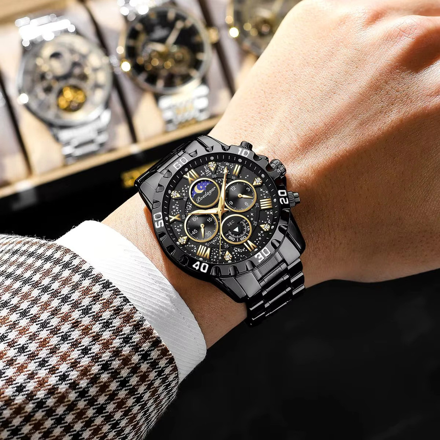POEDAGAR Chronograph Armbanduhr, Quarz, Edelstahl, Schwarz, Herren - Bild 6