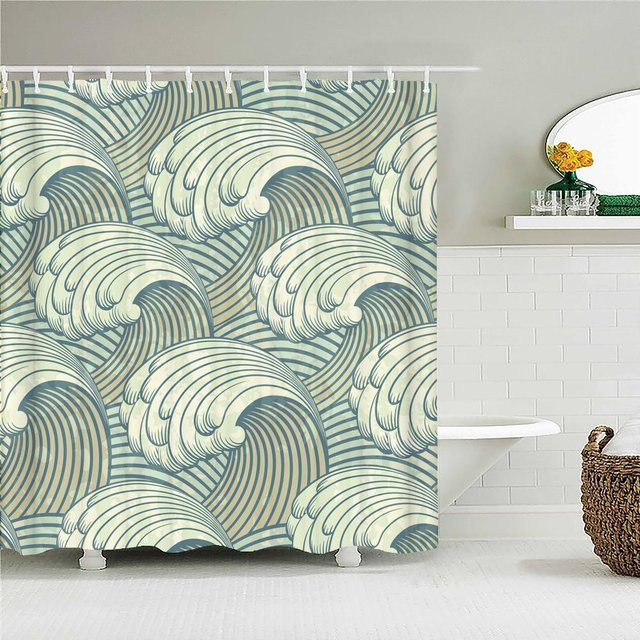 Wasserdichter Duschvorhang aus Polyestergewebe mit Samurai-Landschaft und Wellen-Design in Multicolour, B: 180 cm, H: 240 cm - Bild 1