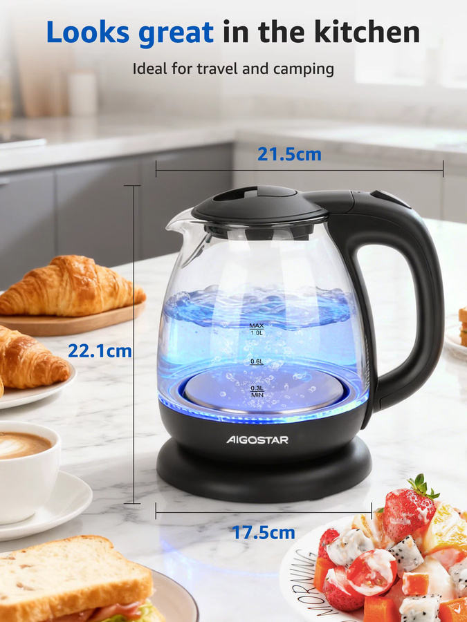 Aigostar Elfin Mini-Wasserkocher aus Borosilikatglas mit LED-Beleuchtung, 2200 W, 1 l, Schwarz - Bild 5