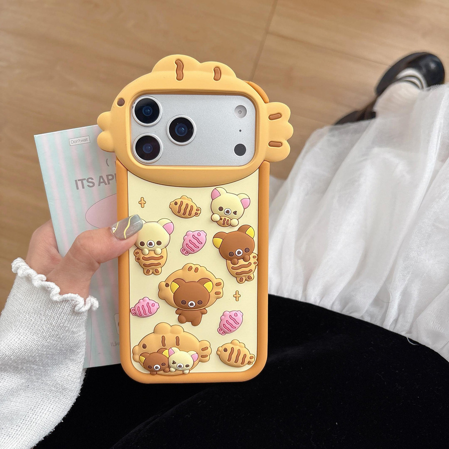 Kawaii Cartoon Taiyaki Bär Rilakkuma Silikon Handyhülle für Apple iPhone 17 16 15 14 13 12 Pro Max 3D Weiche Schutzhülle - Bild 3