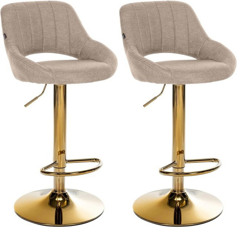 CLP 2er Set Barhocker Milet höhenverstellbar mit Lehne, gepolsterte Barstühle aus Stoff und Metall, drehbar, Farbe: Beige/Gold