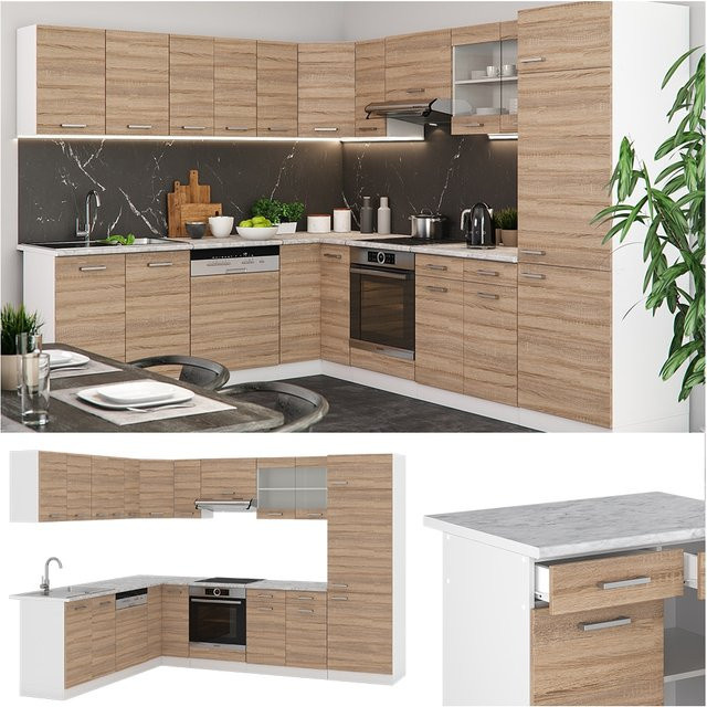 Vicco R-Line Eckküche Einbauküche in Sonoma Eiche mit Marmor-Optik, B/T/H: 227 x 287 x 207 cm - Bild 1