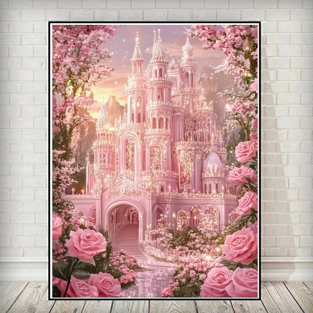 Potdemiel Lieblings-Rosa Schloss und Rose, Diamantmosaik Landschaftsblumen-Komplettset - Bild 1