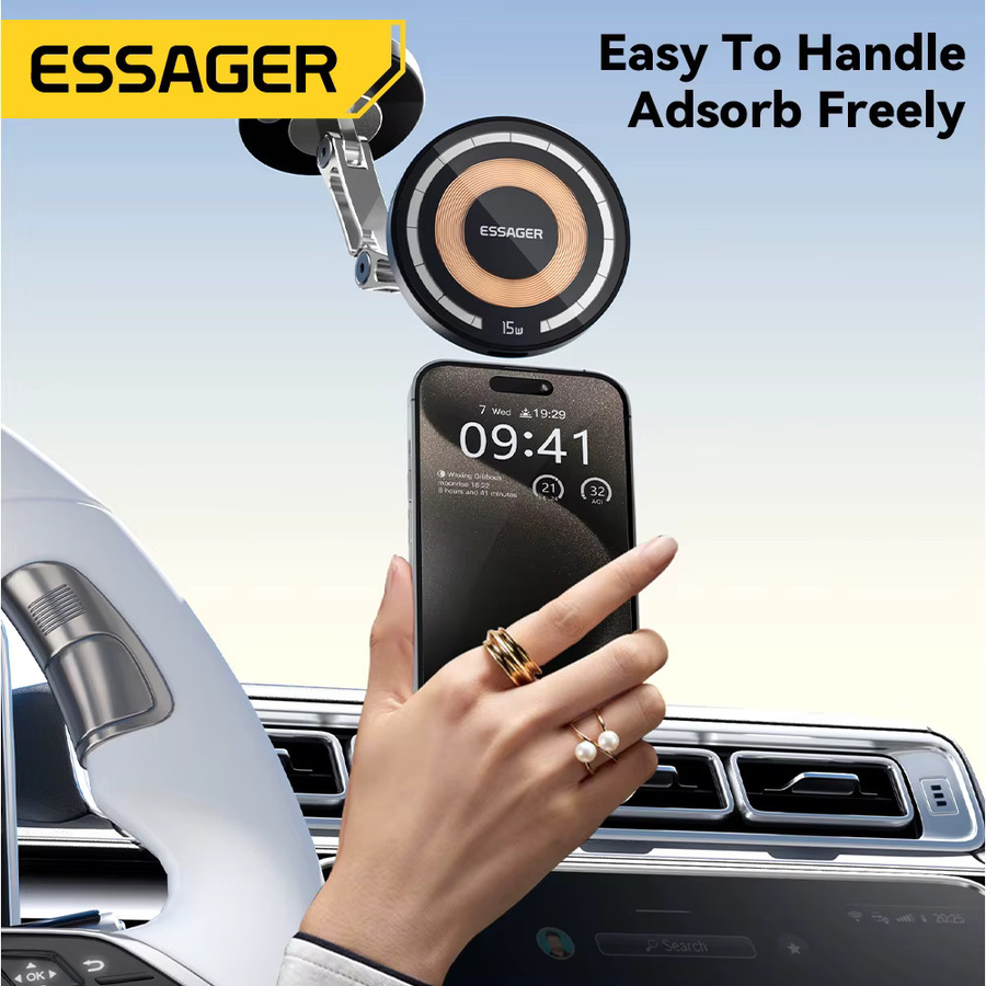 Essager Magnetischer kabelloser Autotelefonhalter 15 W, teleskopierbar mit 360-Grad-Halterung, Schwarz, Universal-Halterung für iPhone und Samsung - Bild 2