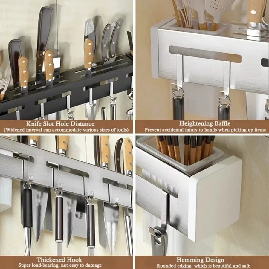 FEB.WIND Küchenorganisator aus Edelstahl für die Wandmontage, multifunktionales Aufbewahrungsregal für Messer und Utensilien, Farbe: Schwarz/Silber - Bild 5