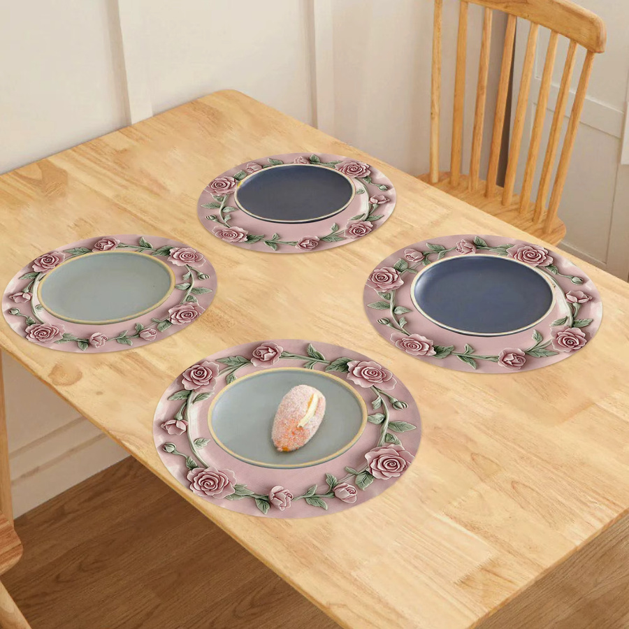 VIKAMA 4er Set Silikon Platzsets in Rosa mit Rosenblüten-Design, runde Hitzeschutzmatten für Esstisch und Restaurant - Bild 3