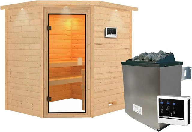 Karibu Sauna Elea mit Kranz Set in Naturbelassen Braun inklusive 9 kW Ofen und externer Steuerung - Bild 1