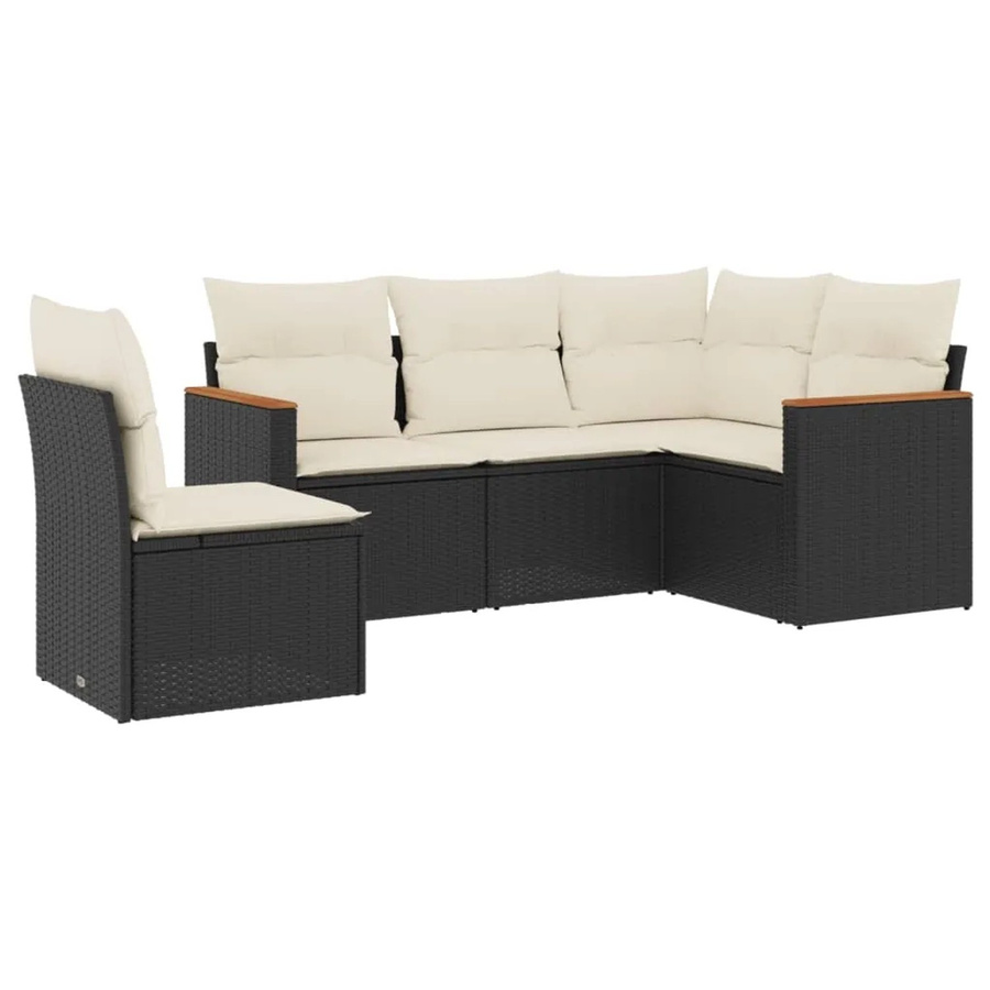 vidaXL 5-teilige Garten-Sofagarnitur in L-Form aus Poly-Rattan und Akazienholz mit Kissen in Schwarz - Bild 2