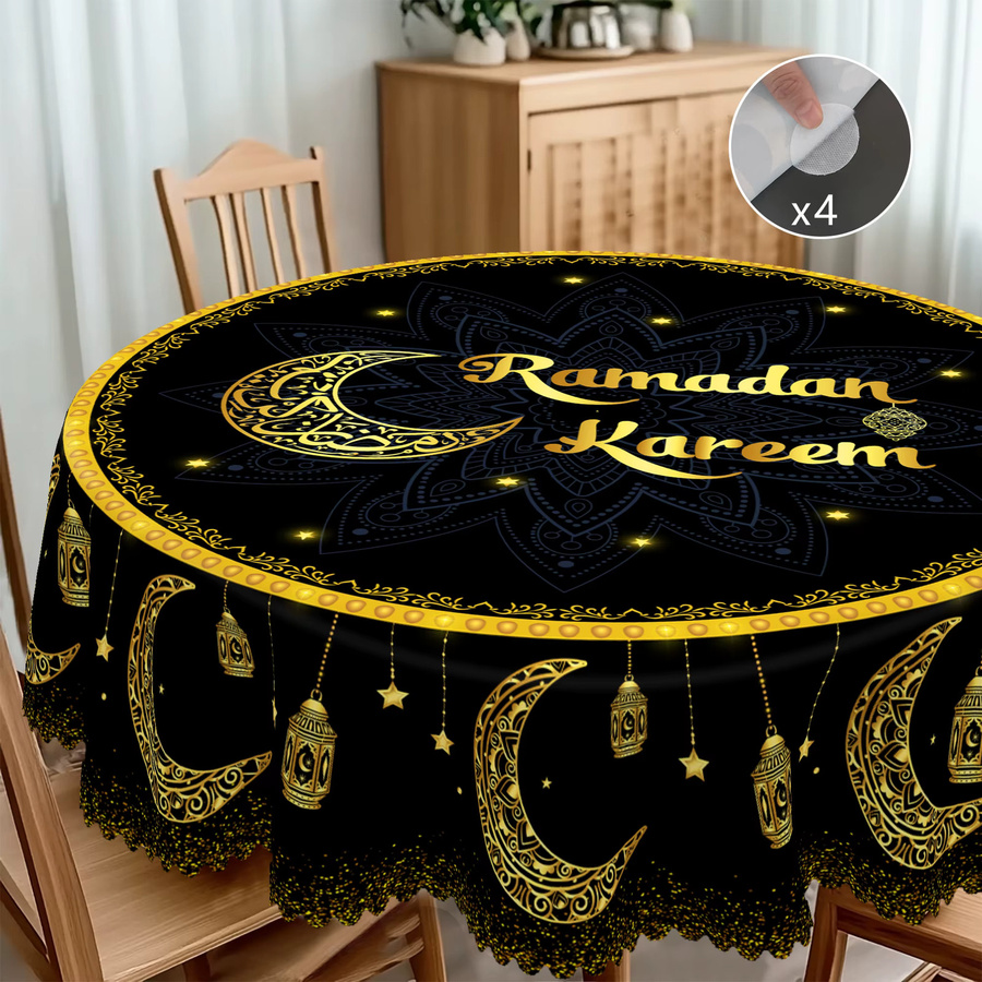 Dekorative Tischdecke aus Polyester mit orientalischem Mandala-Muster, Halbmond, Sternen und Laternen in Schwarz und Gold - Bild 2