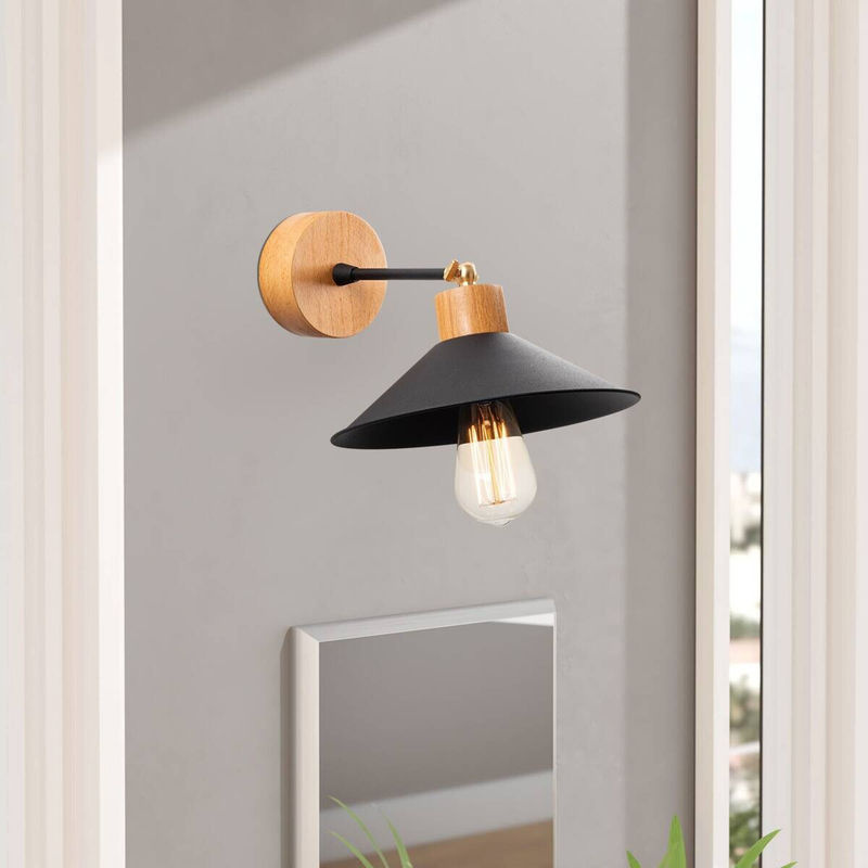 Opviq Wandleuchte aus Metall und Holz in Schwarz und Eiche, E27, B/H/T: 24 x 20 x 24 cm - Bild 2